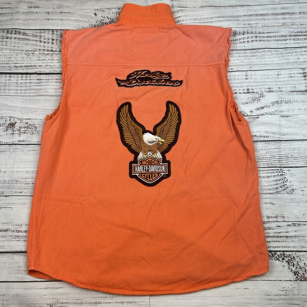 Biker Design Vest Cutoff Shirt Mens 2XL XXL Orange Denim Motorcycle Harley Patch